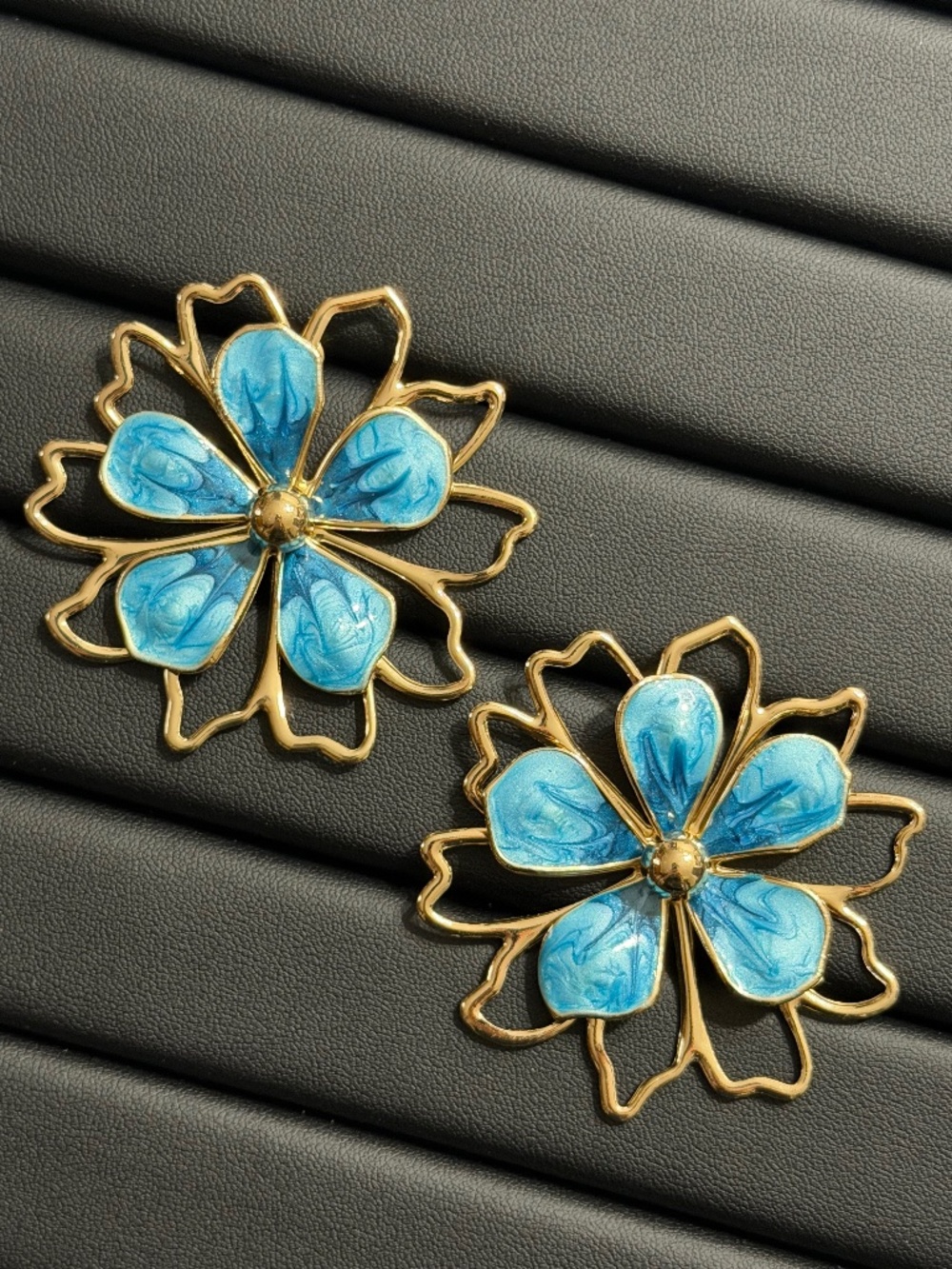 Golden Blue Oil Dripping Hollow-Out Flower Statement Earrings